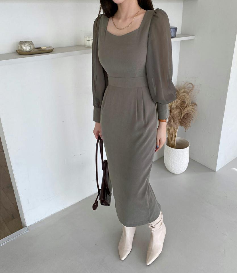 シースルースリーブリボンワンピース・全3色・t70569 レディース 【ops】 ワンピース ロングワンピース シースルー パフスリーブ スクエアネック スリム デコルテ 長袖 体型カバー フェミニン 春 秋 韓国ファッション ハイホリHIHOLLI