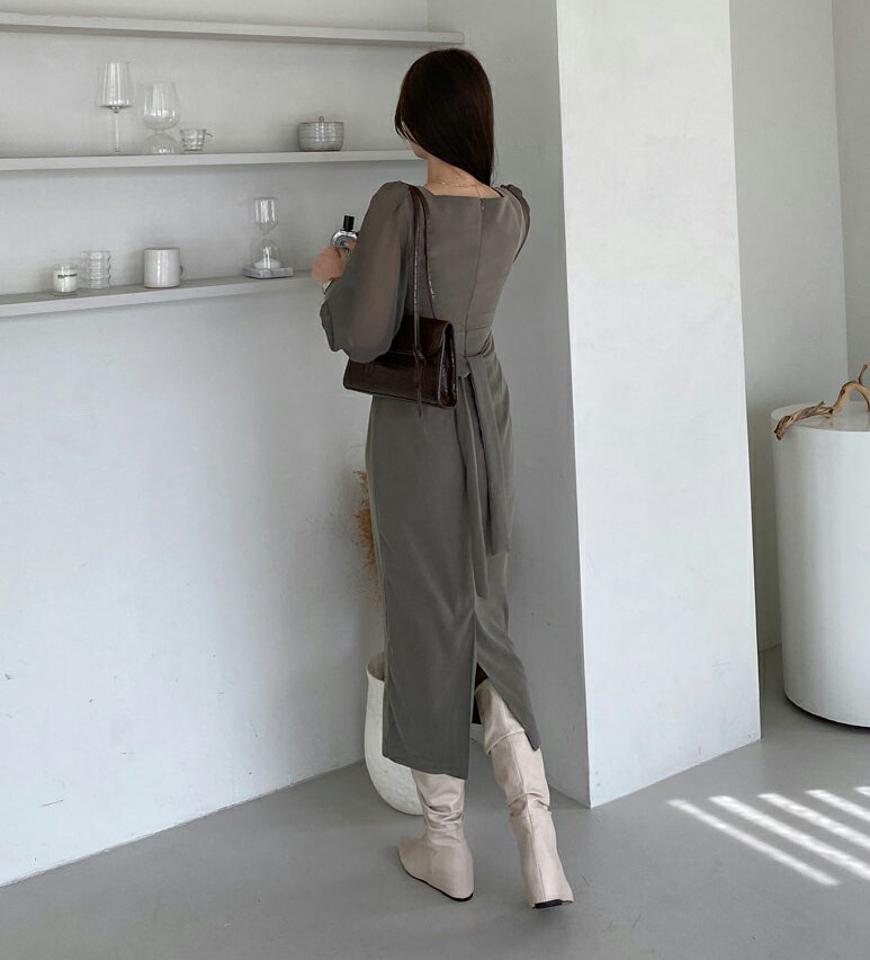 シースルースリーブリボンワンピース・全3色・t70569 レディース 【ops】 ワンピース ロングワンピース シースルー パフスリーブ スクエアネック スリム デコルテ 長袖 体型カバー フェミニン 春 秋 韓国ファッション ハイホリHIHOLLI