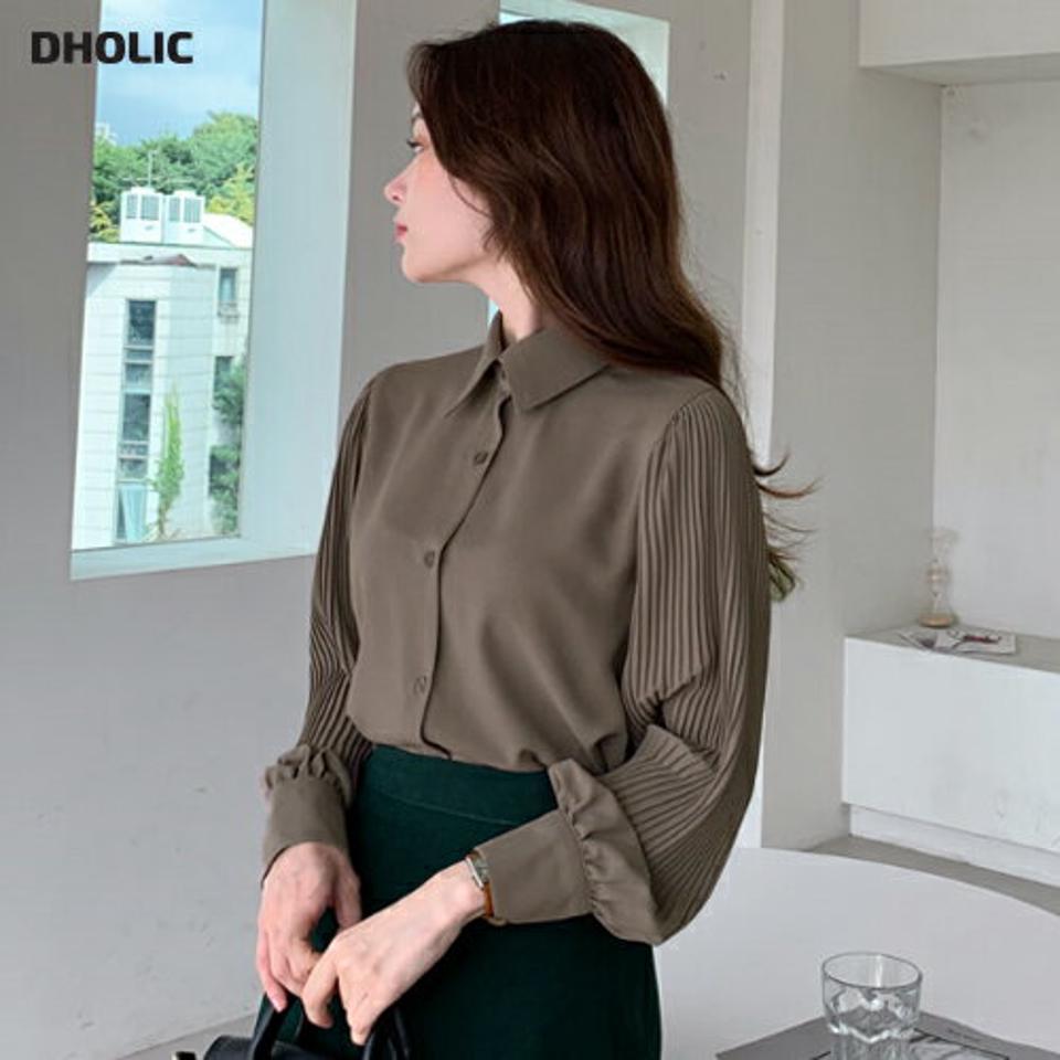 即日配送 プリーツスリーブカラーネックボタンブラウス・全3色・b70456 レディース 【bl】 トップス ブラウス 長袖 シフォン プリーツスリーブ カラーネック オフィスカジュアル 大人 オフィス フェミニン カジュアル 春 秋 韓国ファッション ハイホリHIHOLLI