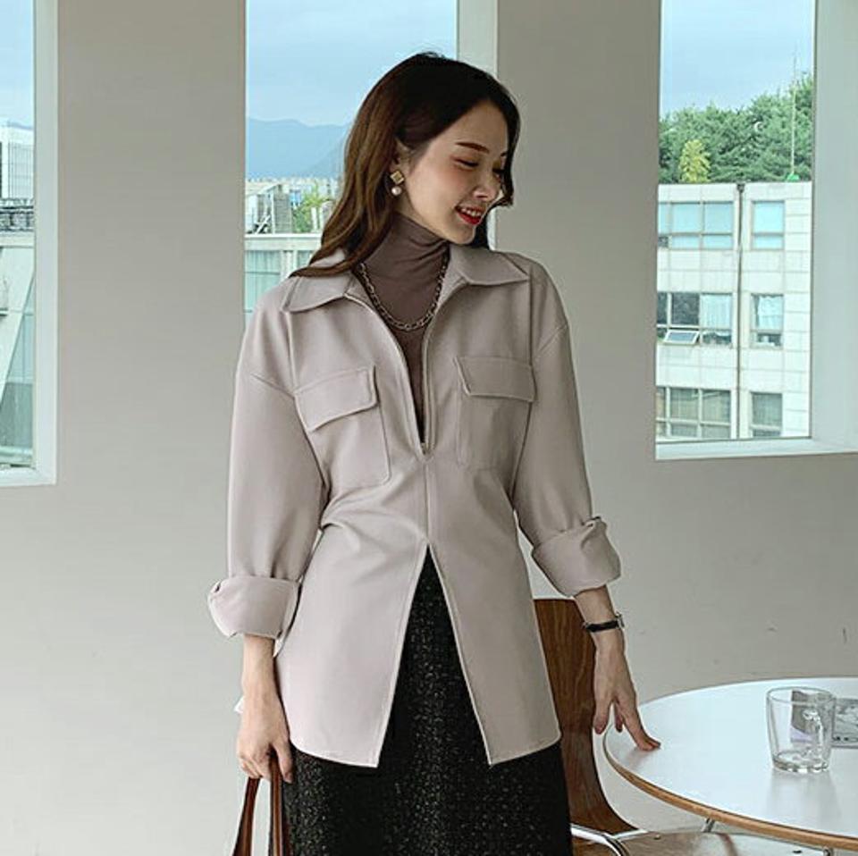 ハーフジップスリットストラップシャツ・全3色・t70461 レディース 【bl】 トップス シャツ ロング ロングシャツ 長袖 カジュアル ジップアップ カラーネック ストラップ ウエストマーク フェミニン 春 秋 韓国ファッション ハイホリHIHOLLI