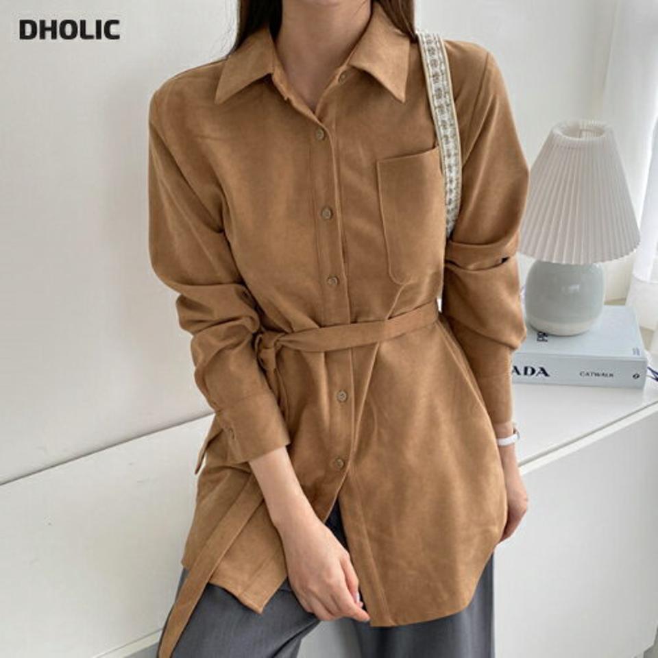 ストラップ付ロングシャツ・全2色・b70458 レディース 【bl】 トップス シャツ ロング ロングシャツ 長袖 ストラップ ポケット 大人 フェミニン カジュアル 春 秋 韓国ファッション ハイホリHIHOLLI