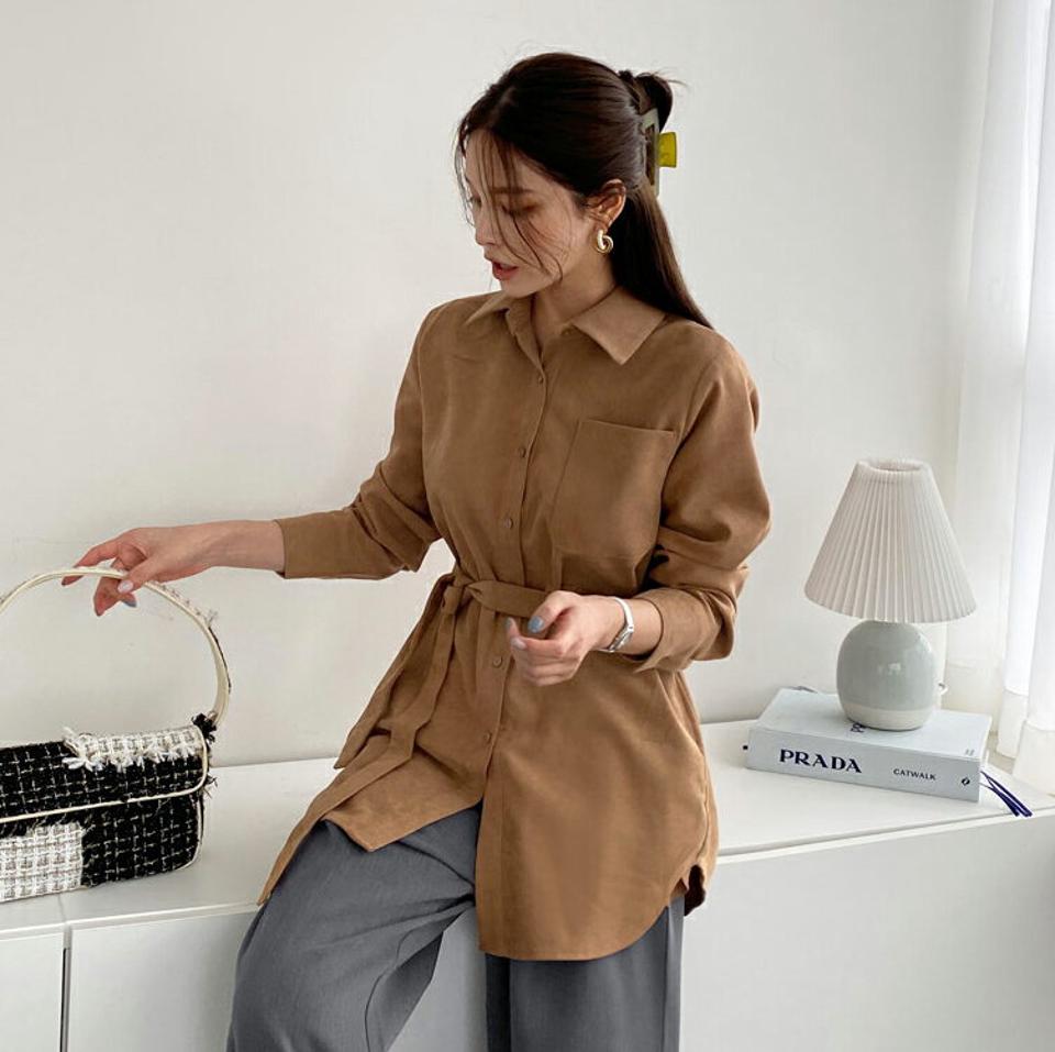 ストラップ付ロングシャツ・全2色・b70458 レディース 【bl】 トップス シャツ ロング ロングシャツ 長袖 ストラップ ポケット 大人 フェミニン カジュアル 春 秋 韓国ファッション ハイホリHIHOLLI