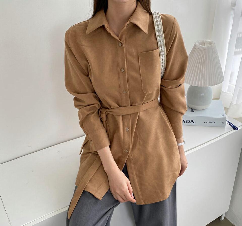 ストラップ付ロングシャツ・全2色・b70458 レディース 【bl】 トップス シャツ ロング ロングシャツ 長袖 ストラップ ポケット 大人 フェミニン カジュアル 春 秋 韓国ファッション ハイホリHIHOLLI