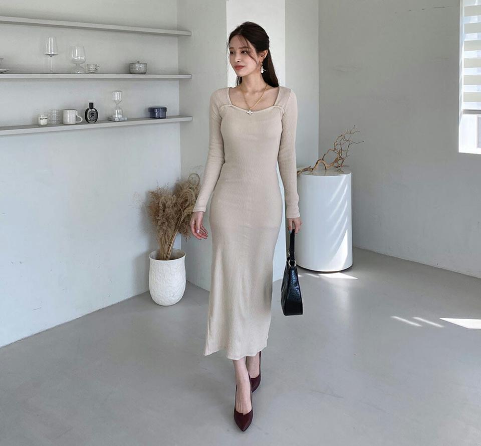 即日配送 リブスリムフィットロングワンピース・全4色・t70568 レディース 【ops】 ワンピース ロング ロングワンピース リブ スリム フィット デコルテ 長袖 タイト 体型カバー フェミニン 春 秋 韓国ファッション ハイホリHIHOLLI