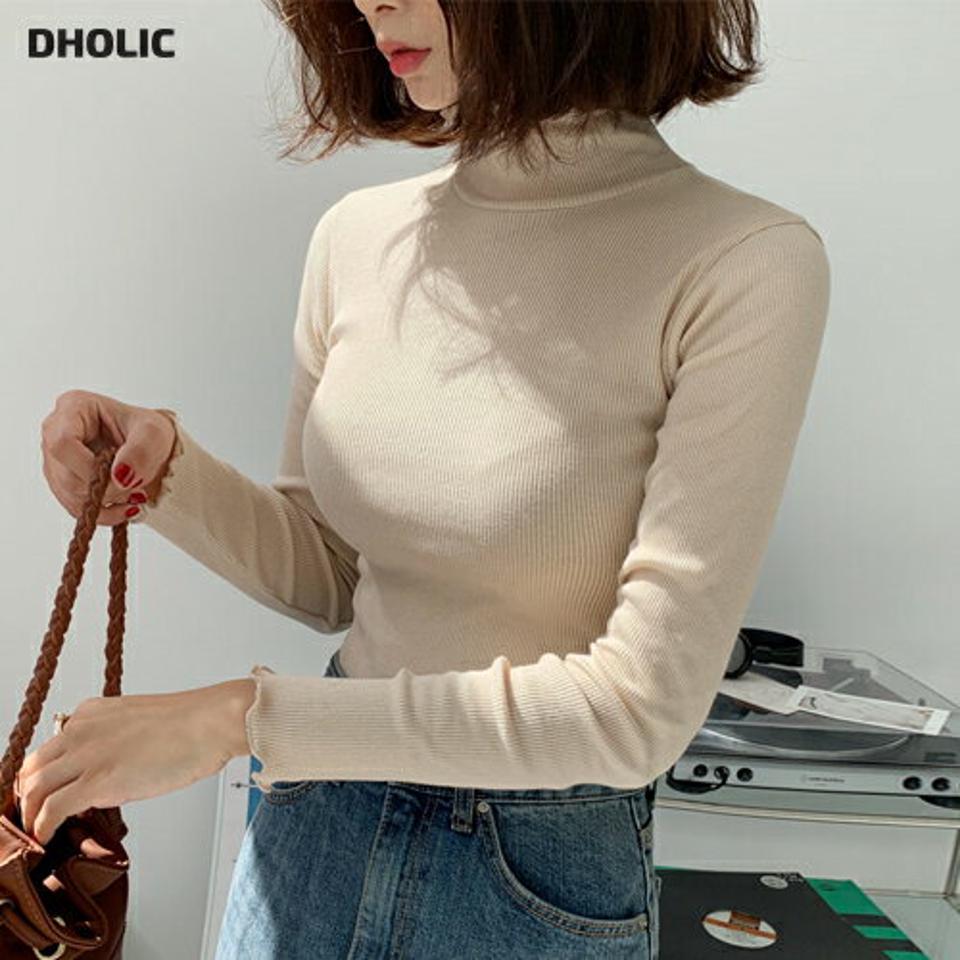 リブウェーブヘムTシャツ・全5色・t65616 レディース 【tops】韓国ファッション トップス Tシャツ 大人 長袖 ハイネック リブ ロングスリーブ シンプル 無地 ベーシック カジュアル スリム 体型カバー 細身 フェミニン デイリー 上品 秋 春 人気
