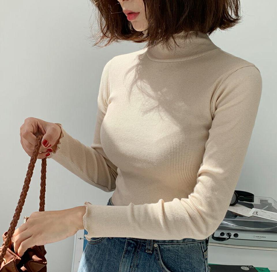 リブウェーブヘムTシャツ・全5色・t65616 レディース 【tops】韓国ファッション トップス Tシャツ 大人 長袖 ハイネック リブ ロングスリーブ シンプル 無地 ベーシック カジュアル スリム 体型カバー 細身 フェミニン デイリー 上品 秋 春 人気