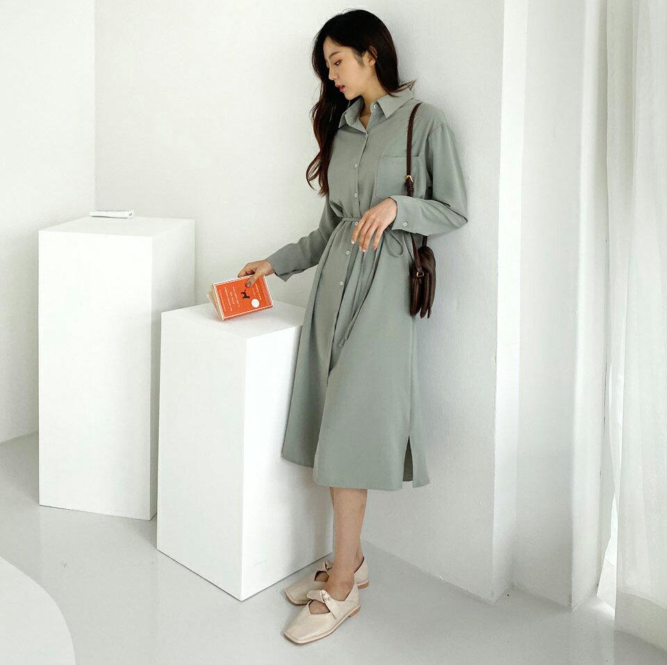 ストラップ付ロングシャツワンピース・全4色・t65595 レディース 【ops】韓国ファッション ワンピース ロング ロングワンピース 長袖 シャツワンピース ストラップ付 大人 ロング丈 シンプル スリム フェミニン 体型カバー カジュアル 秋 春
