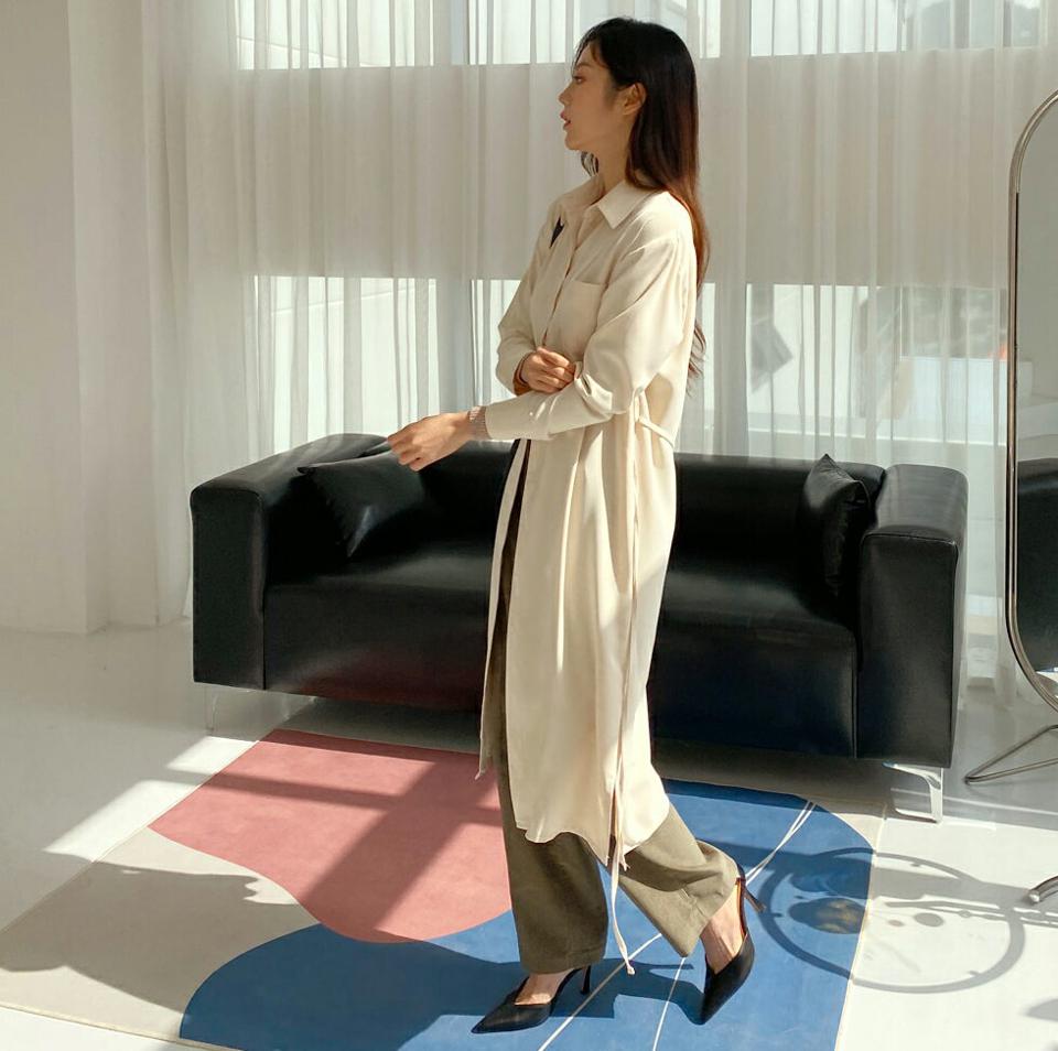 ストラップ付ロングシャツワンピース・全4色・t65595 レディース 【ops】韓国ファッション ワンピース ロング ロングワンピース 長袖 シャツワンピース ストラップ付 大人 ロング丈 シンプル スリム フェミニン 体型カバー カジュアル 秋 春
