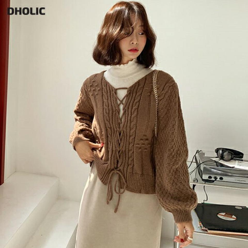 Vネックレースアップニット・全3色・b65592 レディース 【tops】韓国ファッション トップス ニット 大人 長袖 Vネック レースアップ シンプル ストラップ カジュアル パンチング デイリー ルーズ フェミニン 上品 秋 冬