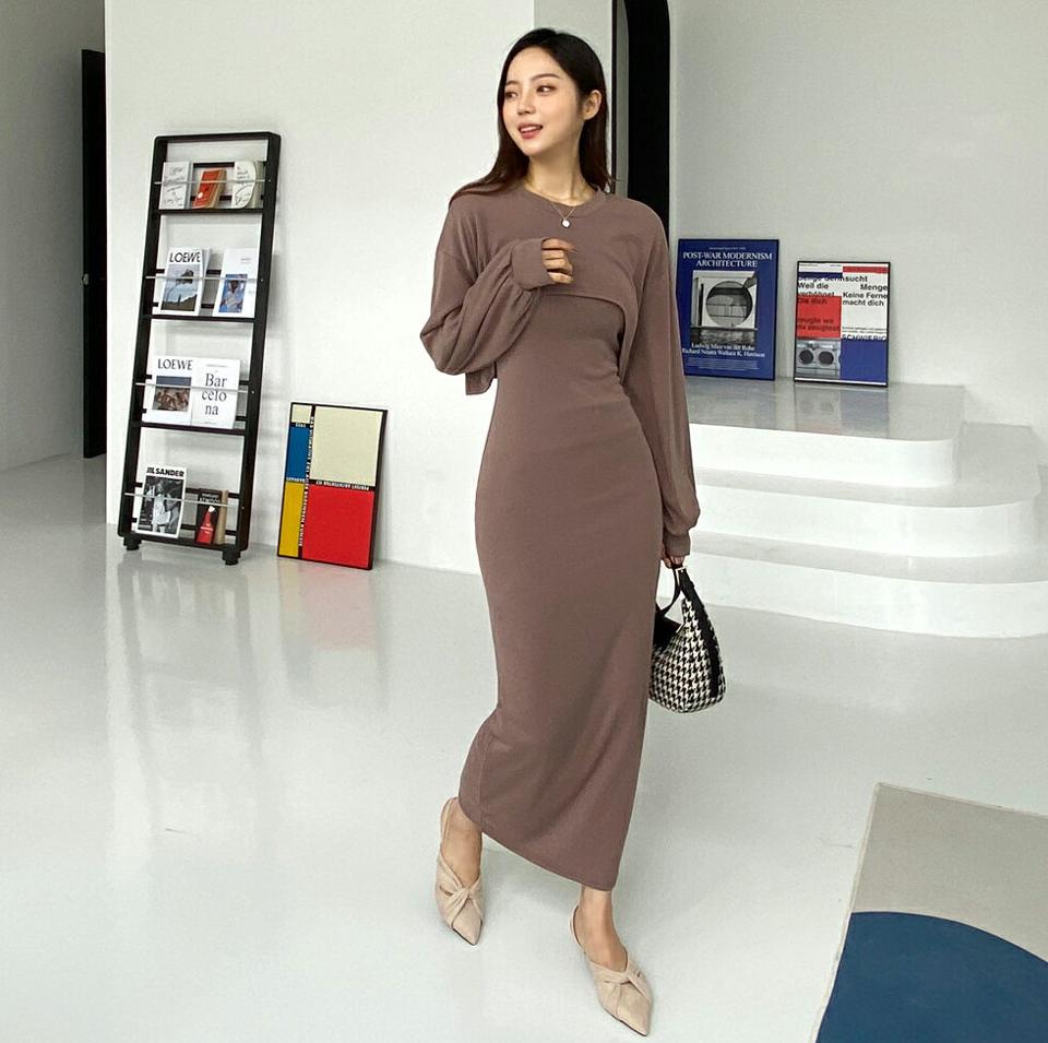 裏起毛スリーブレスワンピース&ショートTシャツSET・全4色・t65594 レディース 【ops】韓国 ファッション ワンピース ロング ロングワンピース Tシャツ セット 長袖 ラウンドネック 裏起毛 スリーブレス ロング丈 フェミニン 体型カバー 秋 春