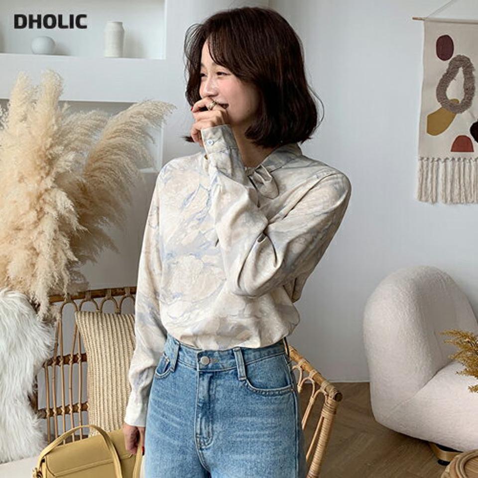 ボウタイマーブルブラウス・全2色・b65610 レディース 【bl】韓国ファッション トップス ブラウス 長袖 Vネック ボウタイ マーブル リボン 大人 上品 シンプル フェミニン カジュアル 体型カバー ガーリー 秋 春