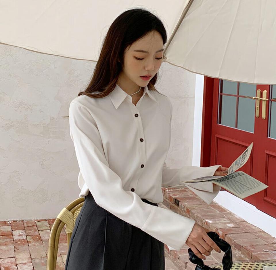 カフスロングスリーブシャツ・全5色・t65588 レディース 【bl】韓国ファッション トップス シャツ 長袖 カラーネック ロングシャツ スリーブ カフス ボタン 無地 シンプル ベーシック 上品 カジュアル ルーズ 体型カバー ガーリー 秋 春