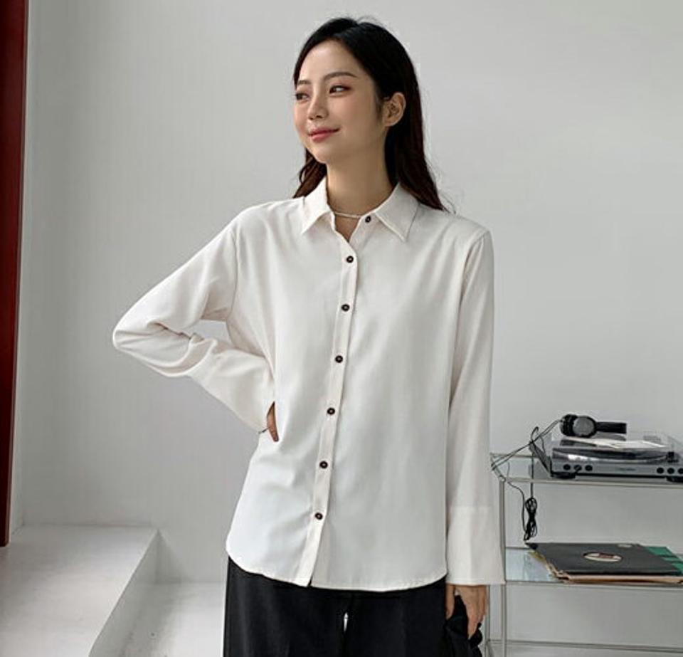 カフスロングスリーブシャツ・全5色・t65588 レディース 【bl】韓国ファッション トップス シャツ 長袖 カラーネック ロングシャツ スリーブ カフス ボタン 無地 シンプル ベーシック 上品 カジュアル ルーズ 体型カバー ガーリー 秋 春