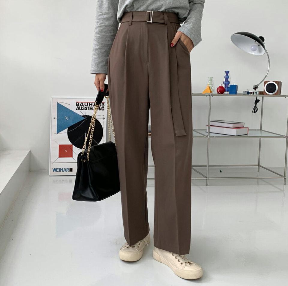 ベルト付ワイドスラックス・全3色・t65617 レディース 【pt】韓国ファッション ボトムス ロング ロングパンツ スラックスパンツ スラックス ベルト付 ワイド ストレート ロング丈 無地 ベーシック シンプル 体型カバー 足長 美脚 フェミニン 秋 春