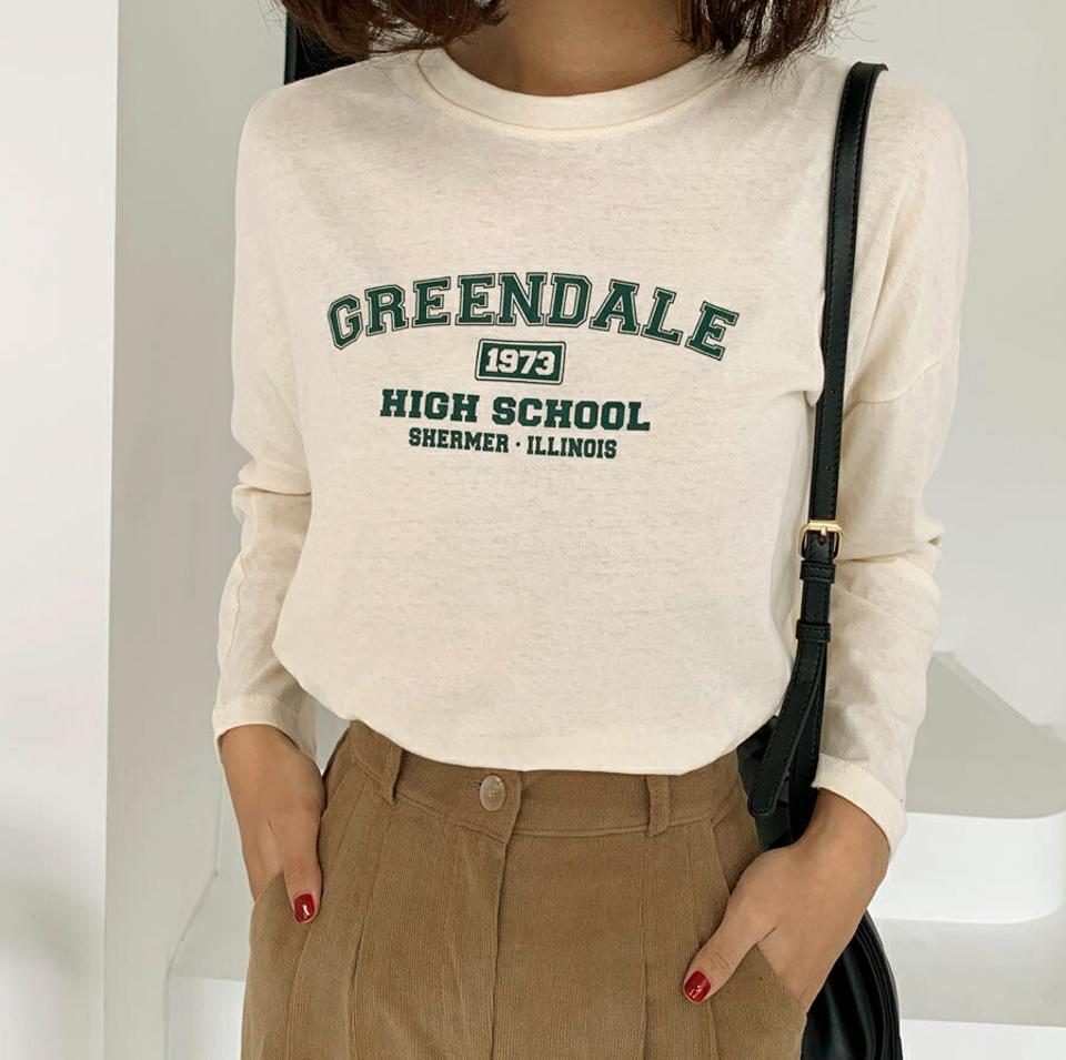 GREENDALEレタリング長袖Tシャツ・全4色・t65584 レディース 【tops】韓国ファッション トップス Tシャツ 大人 長袖 ラウンドネック レタリング シンプル ベーシック カジュアル スリム 体型カバー 細身 フェミニン デイリー 上品 秋 春