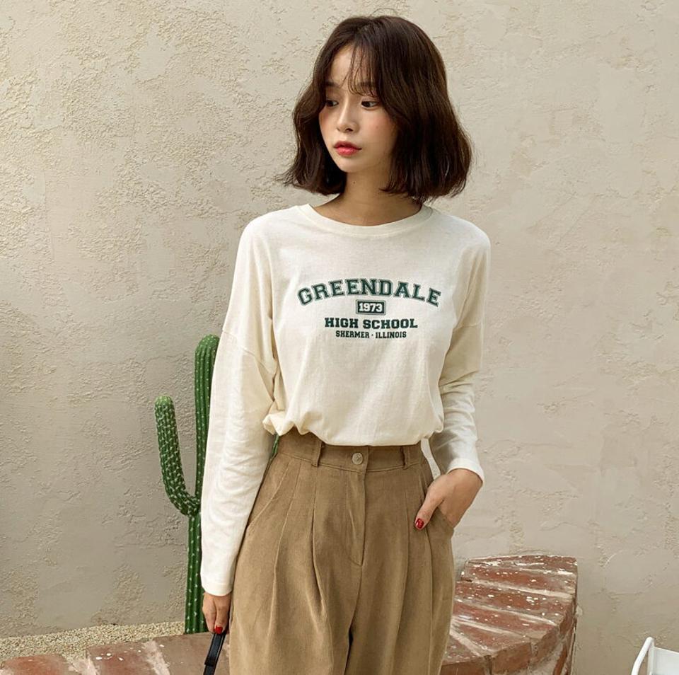 GREENDALEレタリング長袖Tシャツ・全4色・t65584 レディース 【tops】韓国ファッション トップス Tシャツ 大人 長袖 ラウンドネック レタリング シンプル ベーシック カジュアル スリム 体型カバー 細身 フェミニン デイリー 上品 秋 春