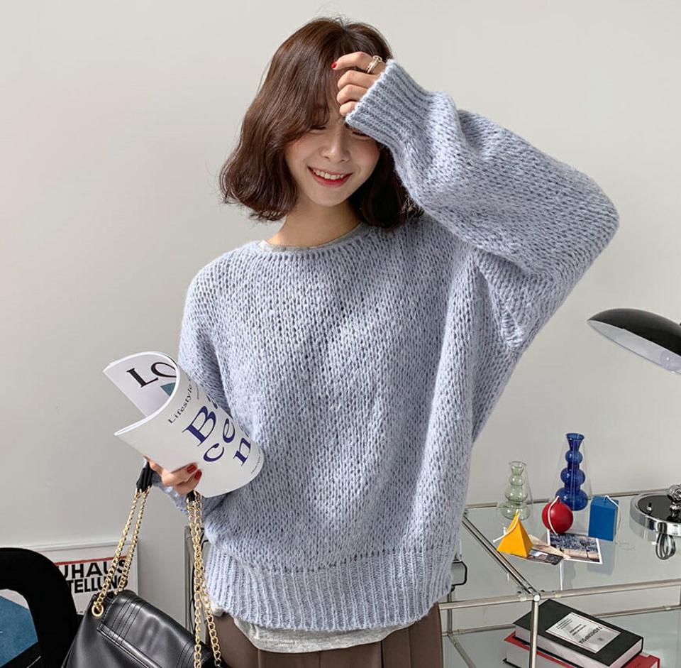 ≪人気商品再入荷≫アルパカ混ニット・全5色・t65590 レディース 【tops】韓国ファッション トップス ニット 年上 大人 長袖 ラウンドネック アルパカ混 シンプル カジュアル カラーニット オーバーサイズ ルーズ 体型カバー フェミニン 上品 秋 冬