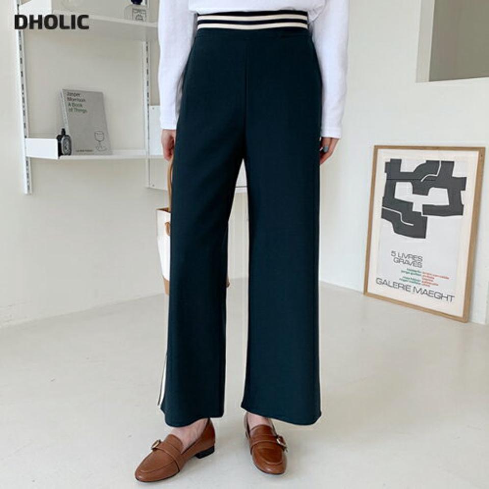 配色ツーラインワイドパンツ・全3色・b00427 レディース 【pt】 ボトムス ロング ロングパンツ 配色 ゴム 楽ちん ストレート 冬 カジュアル ベーシック 体型カバー 着痩せ 長足 春 秋 韓国ファッション ハイホリHIHOLLI