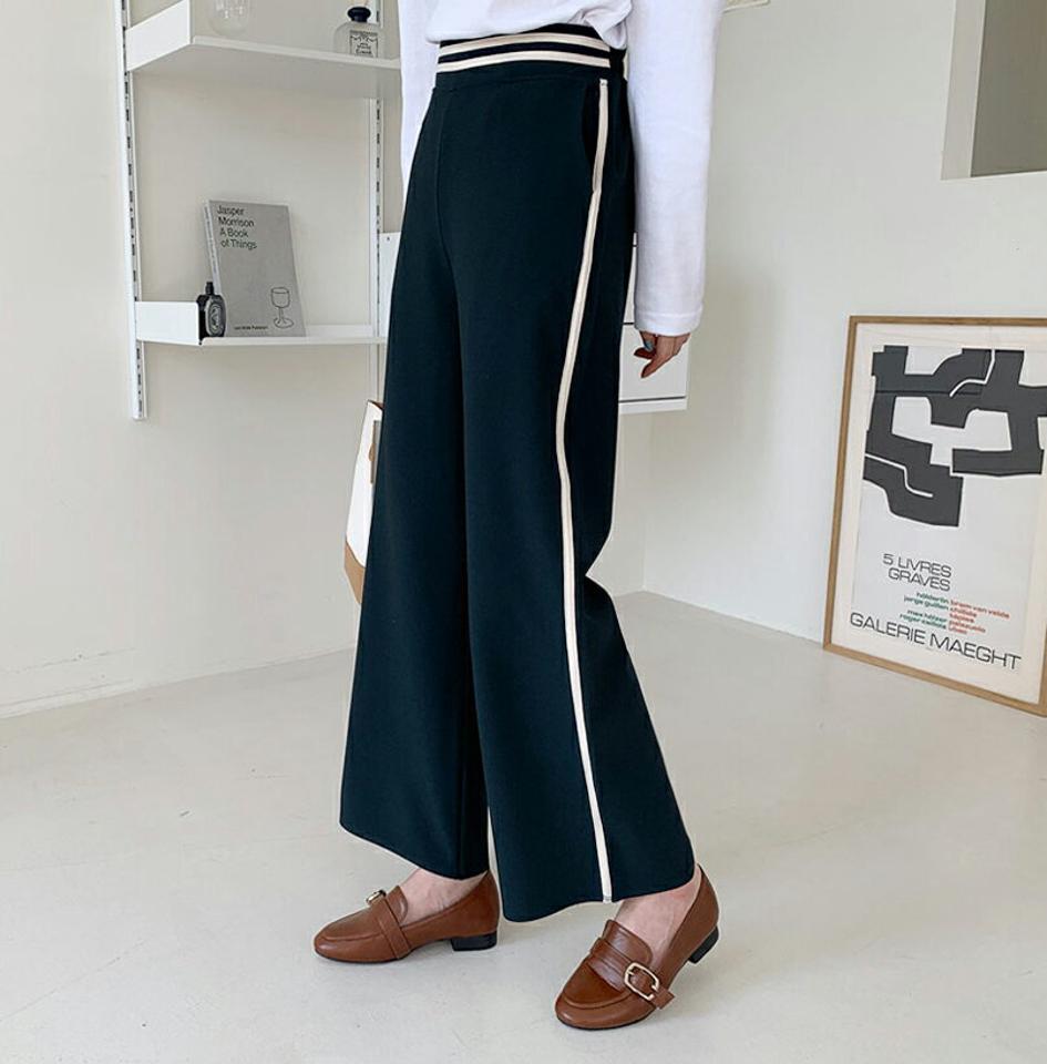 配色ツーラインワイドパンツ・全3色・b00427 レディース 【pt】 ボトムス ロング ロングパンツ 配色 ゴム 楽ちん ストレート 冬 カジュアル ベーシック 体型カバー 着痩せ 長足 春 秋 韓国ファッション ハイホリHIHOLLI
