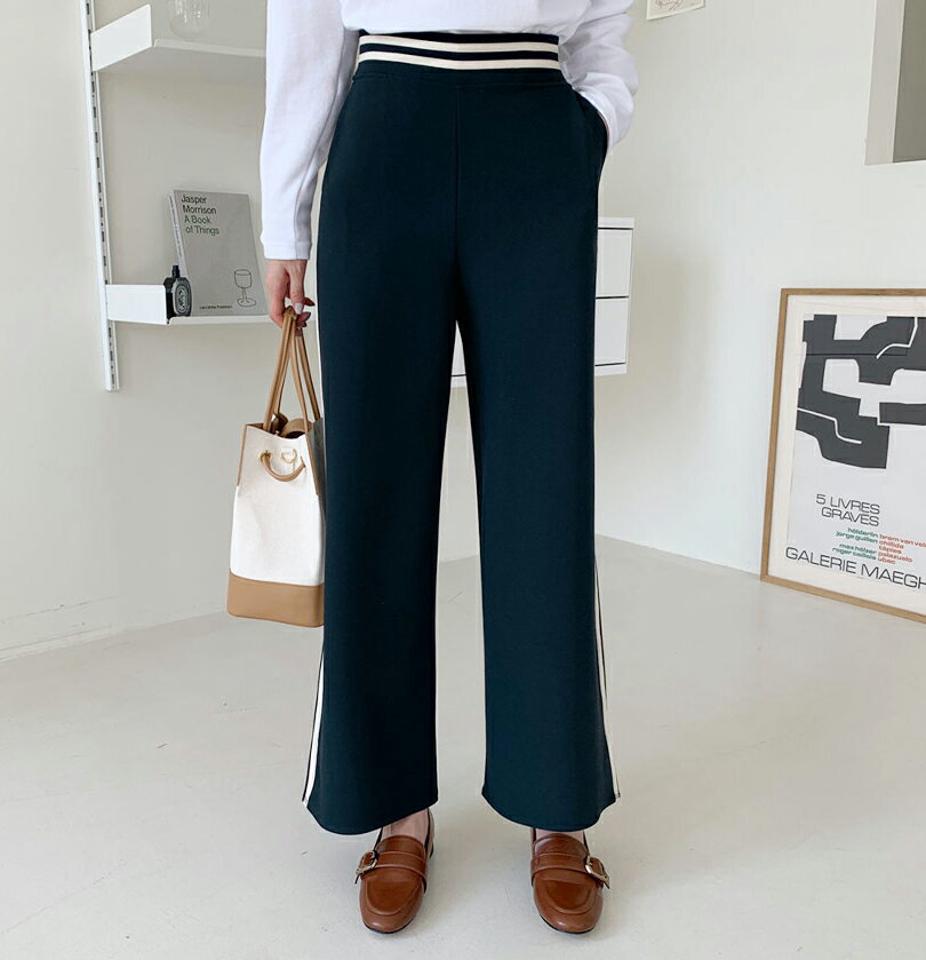 配色ツーラインワイドパンツ・全3色・b00427 レディース 【pt】 ボトムス ロング ロングパンツ 配色 ゴム 楽ちん ストレート 冬 カジュアル ベーシック 体型カバー 着痩せ 長足 春 秋 韓国ファッション ハイホリHIHOLLI