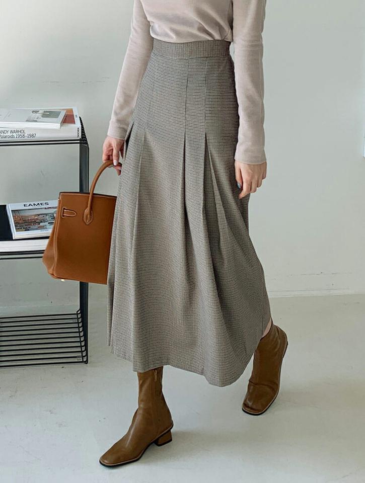 タックロングチェックスカート・全3色・t00423 レディース 【sk】 ボトムス スカート ロング ロングスカートガーリー チェック Aライン ツータック フレア フェミニン 冬 春 秋 韓国ファッション ハイホリHIHOLLI