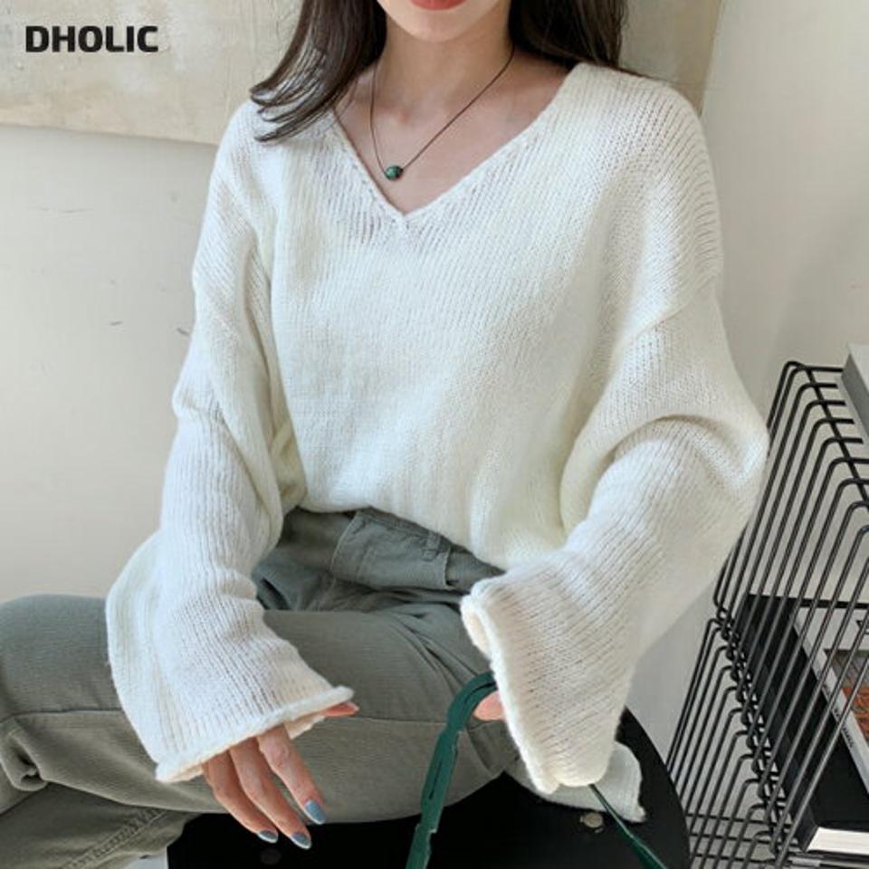 Vネックオーバーニット・全6色・t00413 レディース 【tops】 トップス ニット 長袖 オーバーサイズ 楽ちん Vネック デコルテ スリット スリム 体型カバー 上品 冬 春 秋 韓国ファッション ハイホリHIHOLLI
