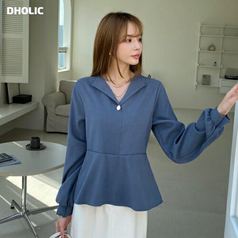 オープンカラーフレアブラウス・全4色・t00411 レディース 【bl】 トップス ブラウス 長袖 オープンネック フレア Vネック デコルテ オフィスカジュアル 大人 オフィス フェミニン カジュアル 春 秋 韓国ファッション ハイホリHIHOLLI