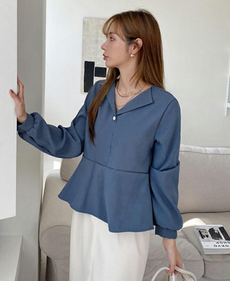 オープンカラーフレアブラウス・全4色・t00411 レディース 【bl】 トップス ブラウス 長袖 オープンネック フレア Vネック デコルテ オフィスカジュアル 大人 オフィス フェミニン カジュアル 春 秋 韓国ファッション ハイホリHIHOLLI