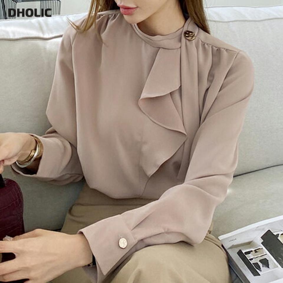 即日配送 スカーフディテールブラウス・全4色・t00410 レディース 【bl】 トップス ブラウス 長袖 スカーフネック スカーフ ハーフネック ギャザー オフィスカジュアル 大人 オフィス フェミニン カジュアル 春 秋 韓国ファッション ハイホリHIHOLLI