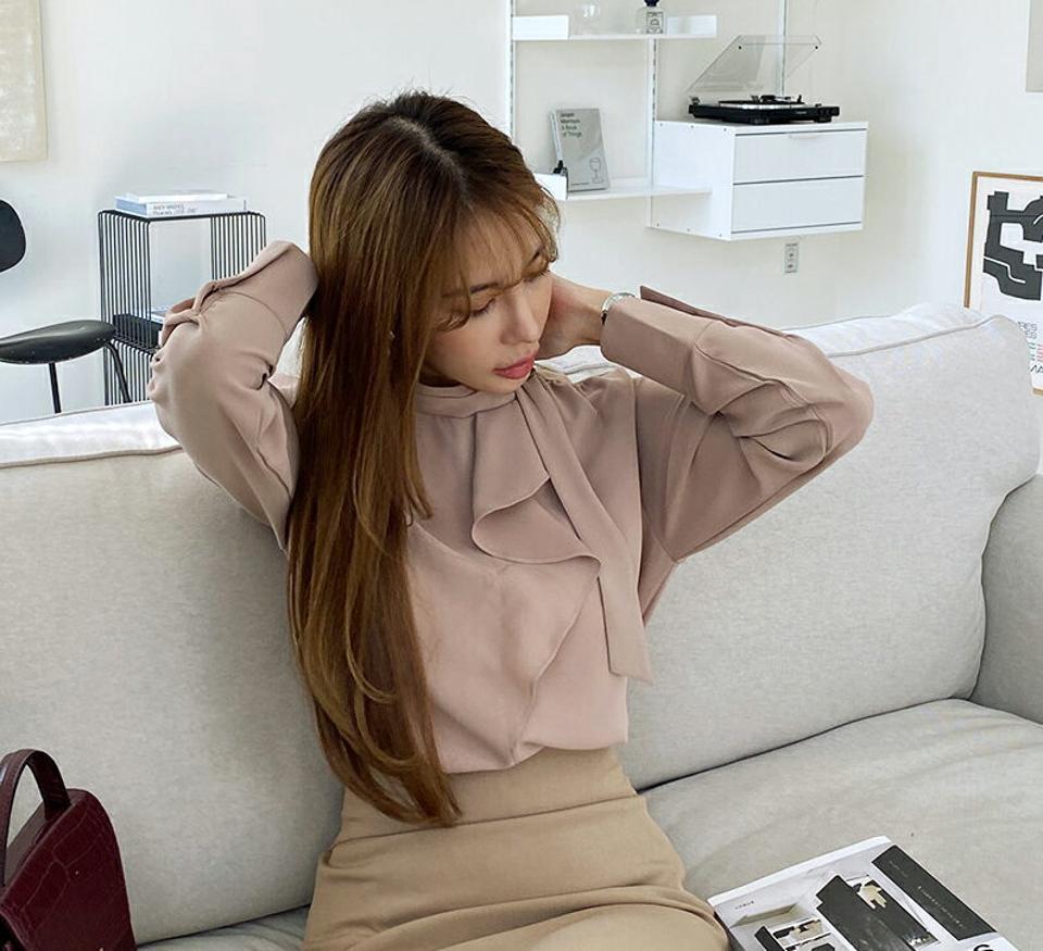 即日配送 スカーフディテールブラウス・全4色・t00410 レディース 【bl】 トップス ブラウス 長袖 スカーフネック スカーフ ハーフネック ギャザー オフィスカジュアル 大人 オフィス フェミニン カジュアル 春 秋 韓国ファッション ハイホリHIHOLLI