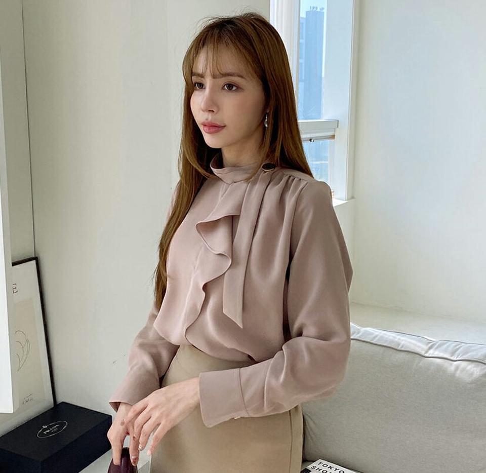 即日配送 スカーフディテールブラウス・全4色・t00410 レディース 【bl】 トップス ブラウス 長袖 スカーフネック スカーフ ハーフネック ギャザー オフィスカジュアル 大人 オフィス フェミニン カジュアル 春 秋 韓国ファッション ハイホリHIHOLLI