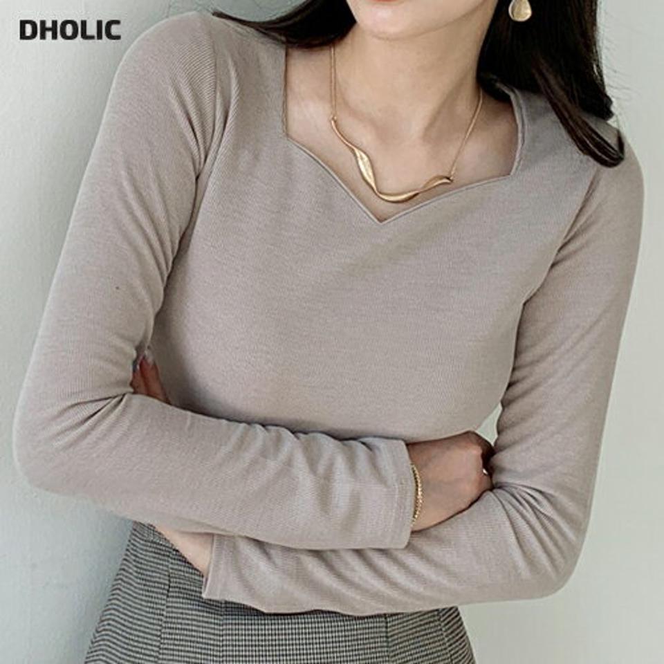即日配送 ハートネックTシャツ・全4色・t00409 レディース 【tops】 トップス Tシャツ 長袖 ハートネック スリム フィット タイト カジュアル ベーシック デイリー 体型カバー 細身 冬 春 秋 韓国ファッション ハイホリHIHOLLI