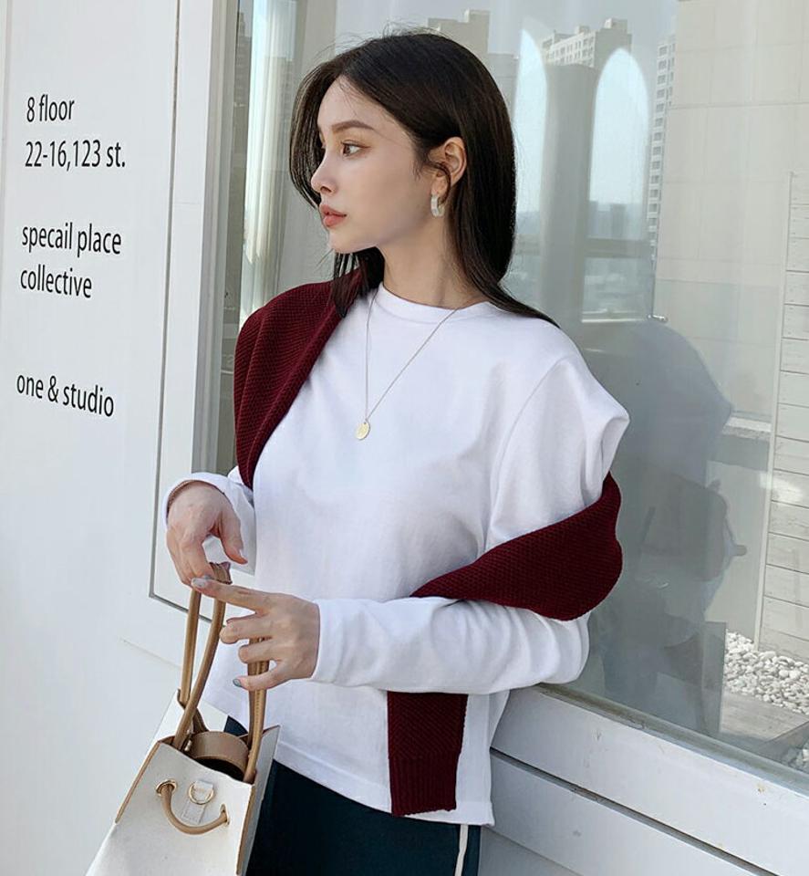 ラウンドネックタックスリーブTシャツ・全2色・t00407 レディース 【tops】 トップス Tシャツ 長袖 タック パフスリーブ ラウンドネック カジュアル ベーシック デイリー 体型カバー 細身 冬 春 秋 韓国ファッション ハイホリHIHOLLI