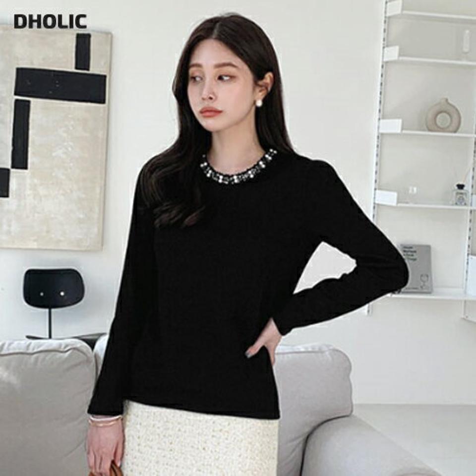 フェイクパールネックラインTシャツ・全3色・t00403 レディース 【tops】 トップス Tシャツ 長袖 ツイード調 ラウンドネック パール ギャザー やわらかい カジュアル ベーシック デイリー 体型カバー 細身 冬 春 秋 韓国ファッション ハイホリHIHOLLI