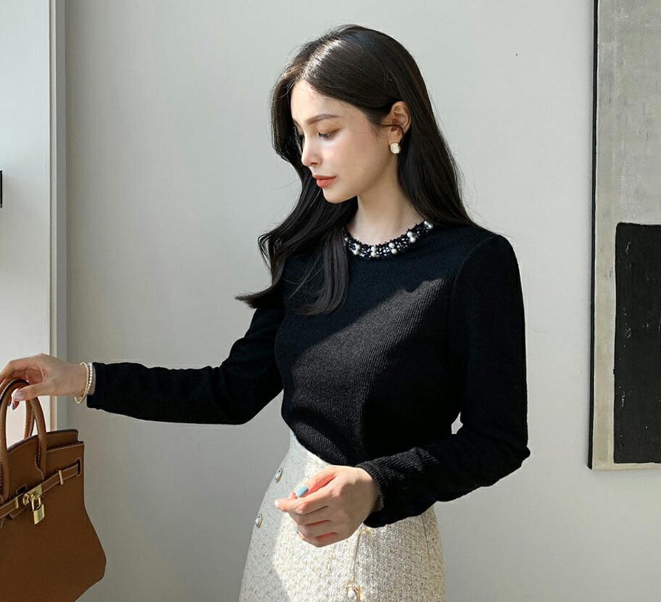 フェイクパールネックラインTシャツ・全3色・t00403 レディース 【tops】 トップス Tシャツ 長袖 ツイード調 ラウンドネック パール ギャザー やわらかい カジュアル ベーシック デイリー 体型カバー 細身 冬 春 秋 韓国ファッション ハイホリHIHOLLI