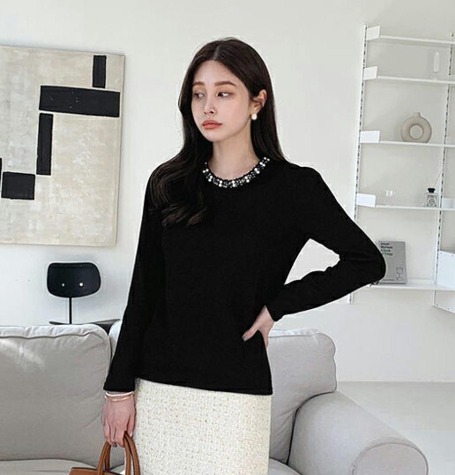 フェイクパールネックラインTシャツ・全3色・t00403 レディース 【tops】 トップス Tシャツ 長袖 ツイード調 ラウンドネック パール ギャザー やわらかい カジュアル ベーシック デイリー 体型カバー 細身 冬 春 秋 韓国ファッション ハイホリHIHOLLI
