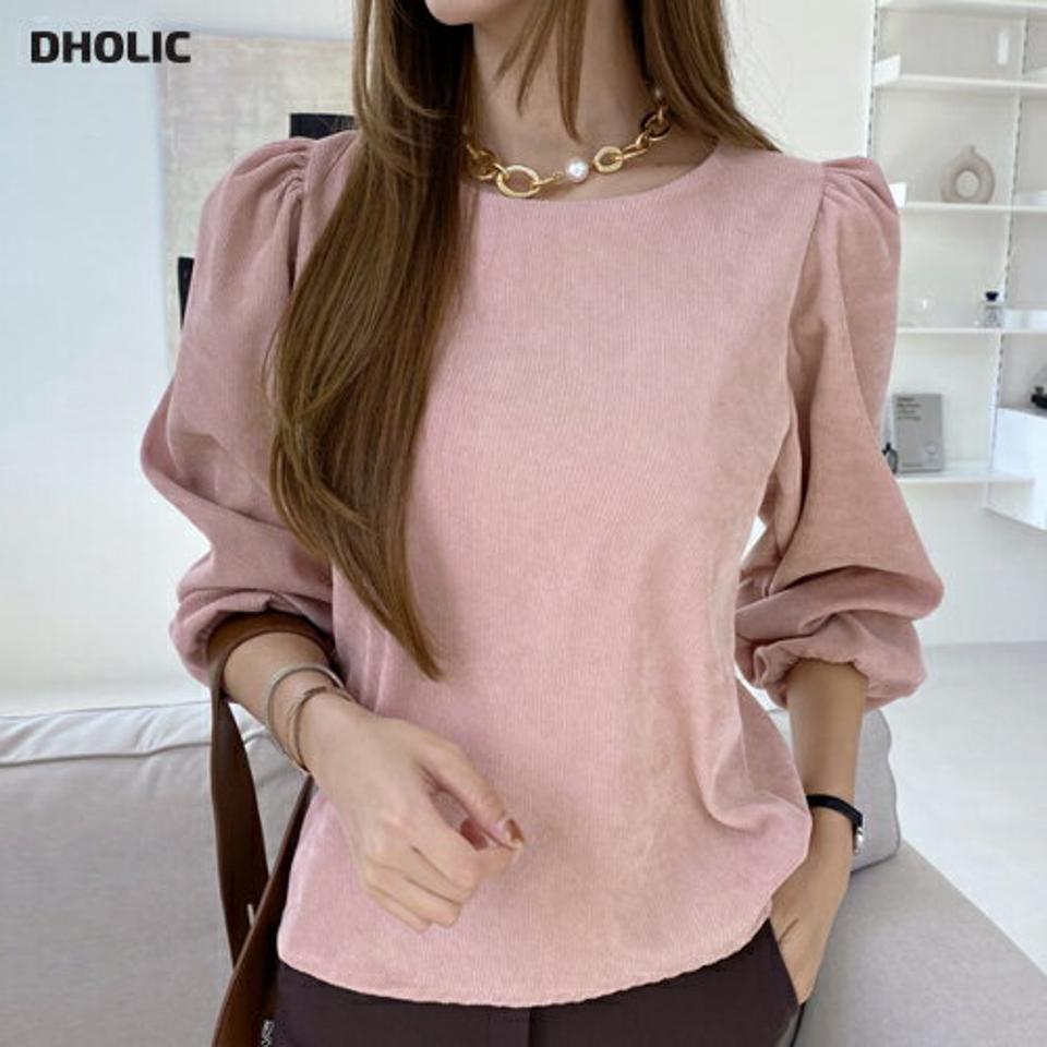 コーデュロイパフブラウス・全4色・t00402 レディース 【bl】 トップス ブラウス 長袖 コーデュロイ ラウンドネック パフスリーブ 大人 ユニーク フェミニン カジュアル 春 秋 韓国ファッション ハイホリHIHOLLI