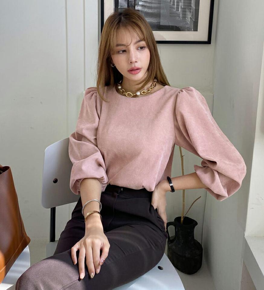 コーデュロイパフブラウス・全4色・t00402 レディース 【bl】 トップス ブラウス 長袖 コーデュロイ ラウンドネック パフスリーブ 大人 ユニーク フェミニン カジュアル 春 秋 韓国ファッション ハイホリHIHOLLI