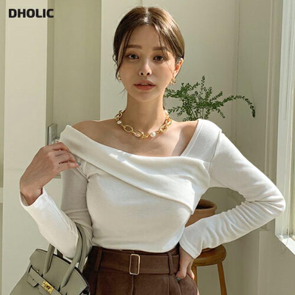 即日配送 裏起毛2WAYアンバランスワンショルTシャツ・全4色・t00401 レディース 【tops】 トップス Tシャツ 長袖 2WAY ワンショル セクシー 裏起毛 スリム フィット タイト ベーシック デイリー 体型カバー 細身 冬 春 秋 韓国ファッション ハイホリHIHOLLI