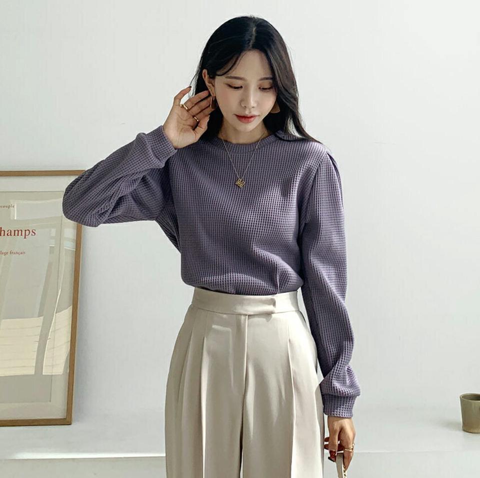 【10%OFF】即日配送 ワッフルパフTシャツ・全3色・t58224 レディース 【tops】韓国ファッション トップス Tシャツ 大人 長袖 ラウンドネック ワッフル パフ タック 無地 ベーシック シンプル カジュアル 細身 フェミニン 上品 秋 春 新生活セール