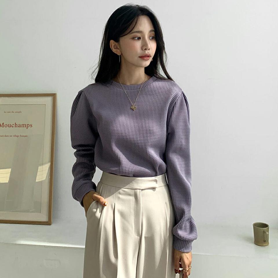 【10%OFF】即日配送 ワッフルパフTシャツ・全3色・t58224 レディース 【tops】韓国ファッション トップス Tシャツ 大人 長袖 ラウンドネック ワッフル パフ タック 無地 ベーシック シンプル カジュアル 細身 フェミニン 上品 秋 春 新生活セール