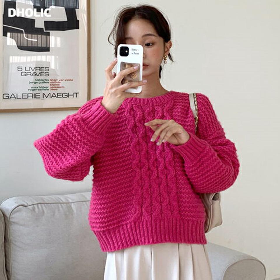 ウール混ウェーブケーブルニット・全4色・t58232 レディース 【tops】韓国ファッション トップス ニット 大人 長袖 ラウンドネック ウール混 カラーニット ウェーブ ケーブル編み シンプル カジュアル クロップド丈 体型カバー フェミニン 上品 秋 冬
