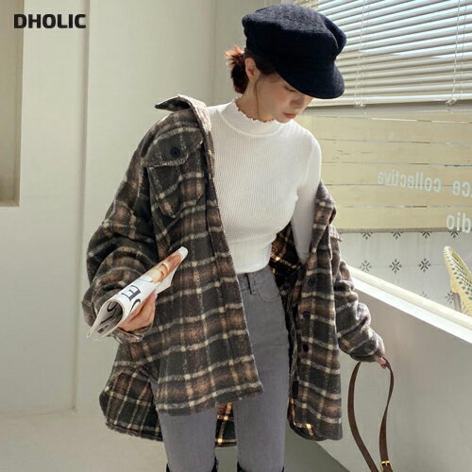 ウール混チェックシャツ・全2色・t58235 レディース 【bl】韓国ファッション トップス シャツ 長袖 ウール混 チェック シンプル カフス ボタンポケット 上品 カジュアル ルーズ オーバーサイズ 体型カバー ガーリー チェック柄 秋 冬