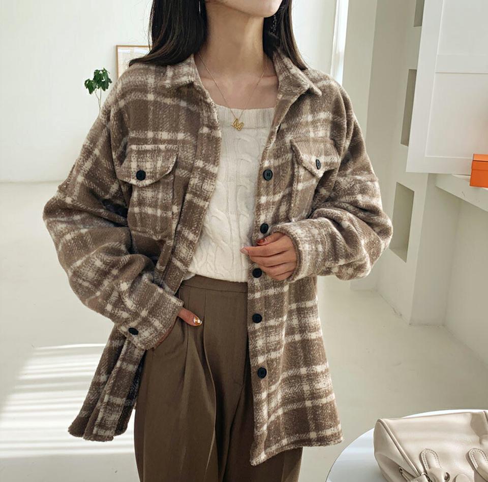 ウール混チェックシャツ・全2色・t58235 レディース 【bl】韓国ファッション トップス シャツ 長袖 ウール混 チェック シンプル カフス ボタンポケット 上品 カジュアル ルーズ オーバーサイズ 体型カバー ガーリー チェック柄 秋 冬