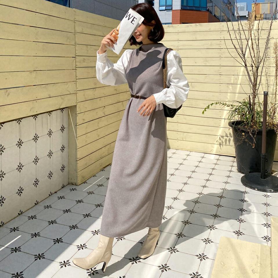 ≪人気商品再入荷≫ベルト付配色ワンピース・全2色・b58238 レディース 【ops】韓国ファッション 異素材ミックス ワンピース ロング丈 長袖 ハーフネック モダン 配色 大人 ロング丈 Iライン バイカラー カフス シンプル フェミニン 体型カバー 秋 春