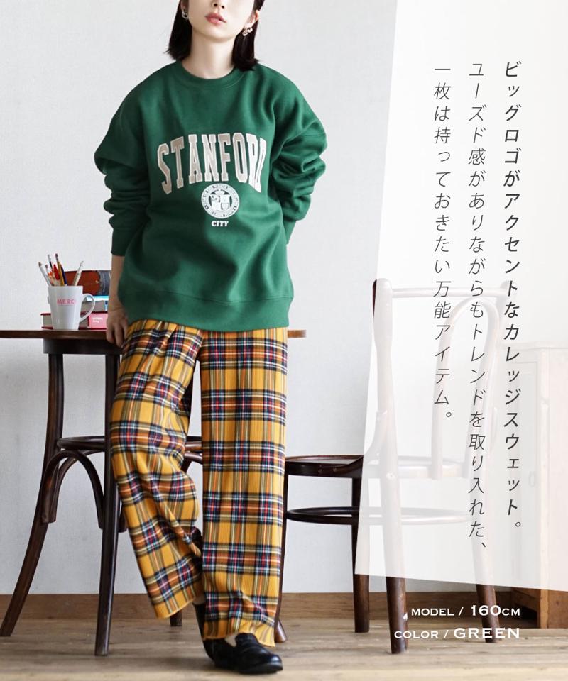 スウェット / 古着風 のこなれ感が魅力の 裏起毛 スウェット プルオーバー 。 レディース トップス トレーナー カットソー 長袖 ロゴプリント 英語 綿混 コットン 大きいサイズ ゆったり 秋冬 ◆カレッジロゴ 裏起毛BIGスウェットプルオーバー
