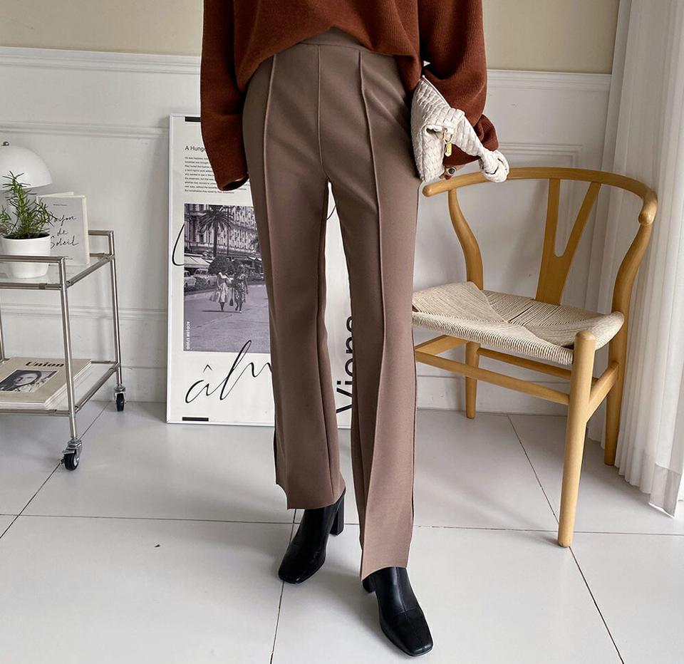 センタープレススリムフィットパンツ・全2色・b00134 レディース 【pt】 ボトムス ロング ロングパンツ センタープレス スリム フィット スリット タイト カジュアル ベーシック 着痩せ 長足 春 秋 韓国ファッション ハイホリHIHOLLI