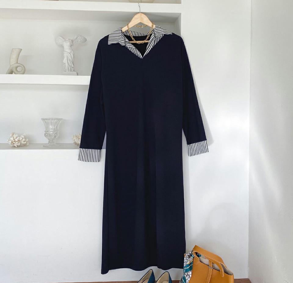 ストライプシャツ配色ワンピース・全3色・t00129 レディース 【ops】 ワンピース ロング ロングワンピース 長袖 ストライプ シャツ オープンカラー レイヤード風 Vネック 体型カバー フェミニン 冬 春 秋 韓国ファッション ハイホリHIHOLLI