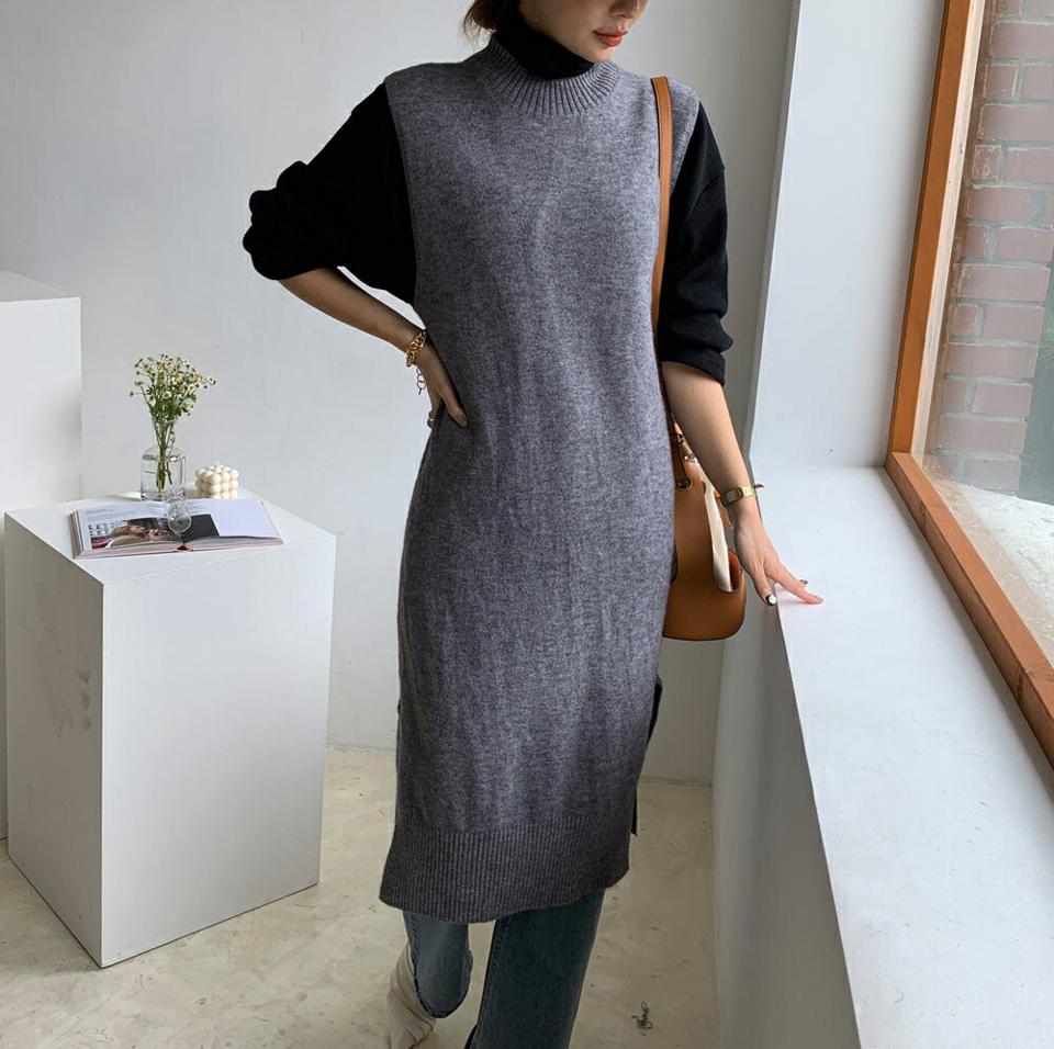 即日配送 ハーフネックスリーブレスニットワンピース・全2色・b00128 レディース 【ops】 ワンピース ロング ロングワンピース ハーフネック スリーブレス ニット ベスト あたたかい 体型カバー フェミニン 冬 春 秋 韓国ファッション ハイホリHIHOLLI