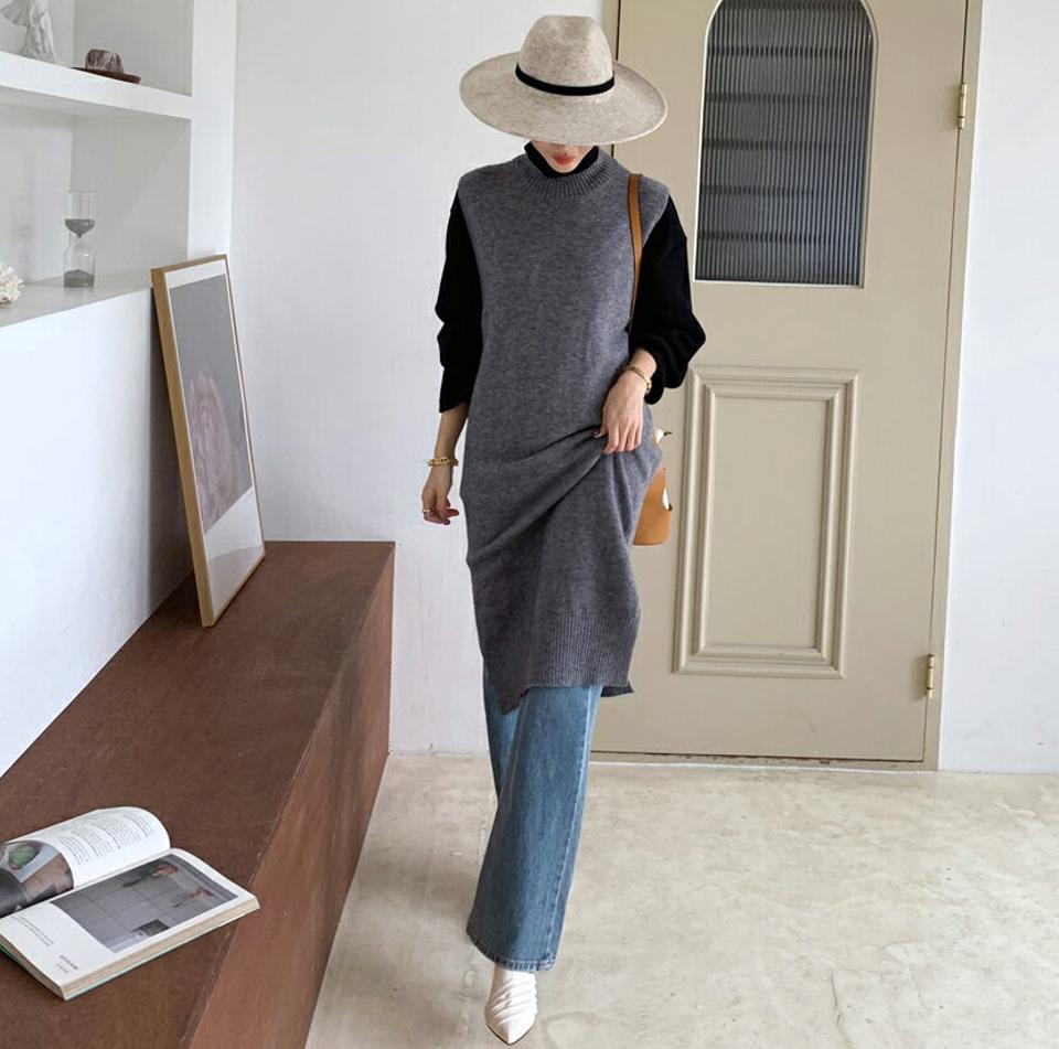 即日配送 ハーフネックスリーブレスニットワンピース・全2色・b00128 レディース 【ops】 ワンピース ロング ロングワンピース ハーフネック スリーブレス ニット ベスト あたたかい 体型カバー フェミニン 冬 春 秋 韓国ファッション ハイホリHIHOLLI